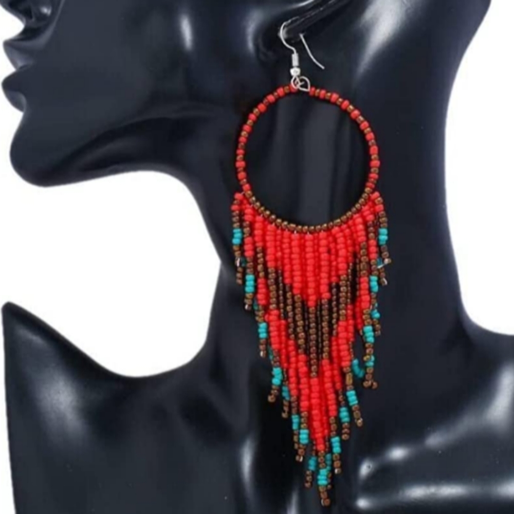 Long 5" Red Oversized Beaded Hoop Earrings New Southwestern Bohemian